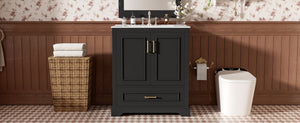 English Elm 30" Freestanding Bathroom Vanity Matte Black Solid Wood Ceramic Sink Soft Close N729P321376B