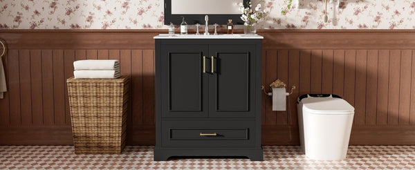 English Elm 30" Freestanding Bathroom Vanity Matte Black Solid Wood Ceramic Sink Soft Close N729P321376B