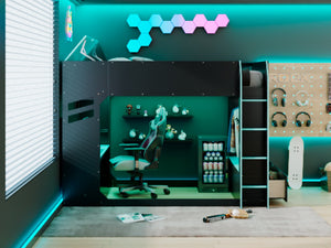 English Elm Full Size Loft Bed with Rgb Lighting Desk Drawers Hanging Rod Teen Bedroom Blue LT000288AAC-1