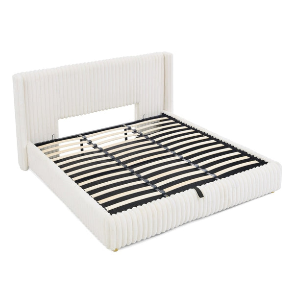English Elm King Corduroy Upholstered Storage Bed Hydraulic Lift Ribbed Plush Cream Platform W1413S00182