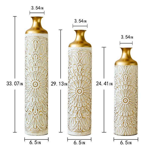 English Elm Floor Glam Metal Vase Set 3-Piece Gold & White Droplet Sculptural Floor Vases Tall Modern Décor W2796P321401