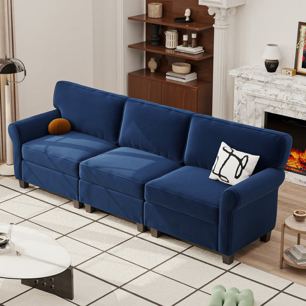 English Elm 94" Corduroy Three Seater Sofa Deep Cushioned Solid Wood Frame Modern Living Room Couch Blue W2715S00009