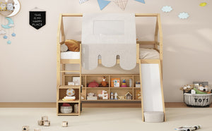 English Elm Twin House Loft Bed with Tent Canopy Slide and Shelves Pinewood Kids Frame Natural LT000682AAD-1