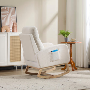 English Elm Modern Teddy Rocking Chair with Solid Wood Legs, High Back Nursery Glider, Side Pocket, 300LB Capacity W3723P409072