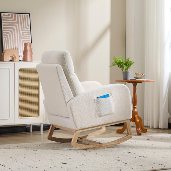 English Elm Modern Teddy Rocking Chair with Solid Wood Legs, High Back Nursery Glider, Side Pocket, 300LB Capacity W3723P409072