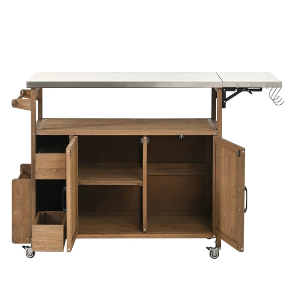 English Elm 54.33" Farmhouse Outdoor Kitchen Cart Solid Fir Frame Steel Top Storage Bbq Prep Natural N767P379702A