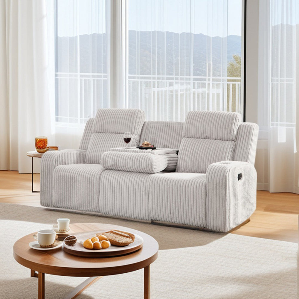English Elm Recliner Sofa Set Corduroy Upholstered with Bluetooth Speaker and Wireless Charging Console W3900S00015