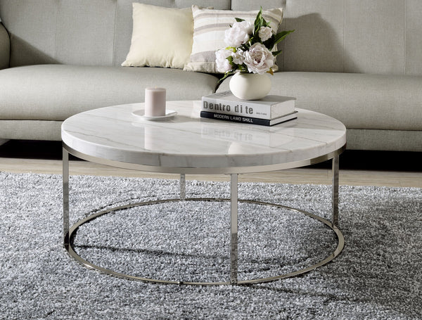 English Elm Zaidee Marble Top Coffee Table with Nickel Frame — Elegant Round Natural Marble Accent Table for Living Rooms White 43.25 L x 41.5 W x 5.75 H B2726P246013