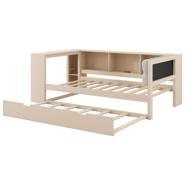 English Elm Wood Twin Platform Bed Linen Headboard Storage Shelves Trundle Charging Station Cream N709P004023C