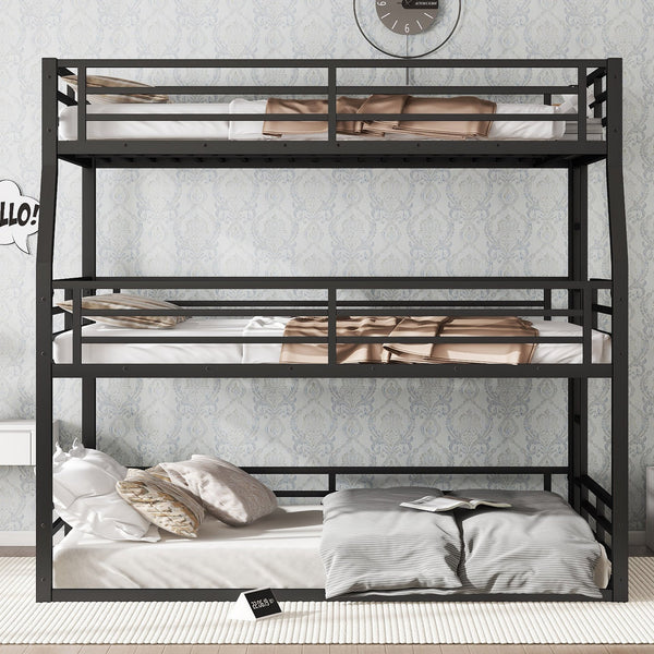 English Elm Full/Full Xl Over Queen Metal Triple Bunk Bed With Safety Guardrails – Heavy-Duty, Noise-Reducing Design W1580S00175