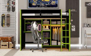 English Elm Full Size Loft Bed with Rgb Lighting Desk Open Wardrobe and Storage for Gaming Rooms Green LT000277AAG