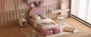 English Elm Twin Upholstered Platform Bed with Cute Cartoon Ears Headboard, LED Light, Adjustable Height, Pink WF321677AAH
