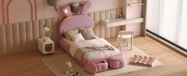 English Elm Twin Upholstered Platform Bed with Cute Cartoon Ears Headboard, LED Light, Adjustable Height, Pink WF321677AAH