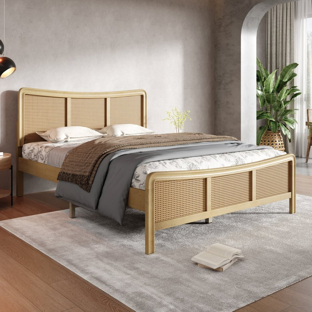 English Elm Curved Rattan King Bed Solid Wood Frame Antique White Bohemian Bedroom Design N758P390779N