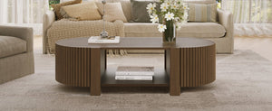 English Elm Oval Fluted Rubberwood Coffee Table with Open Storage Shelf for Living Room Walnut N735P369880D
