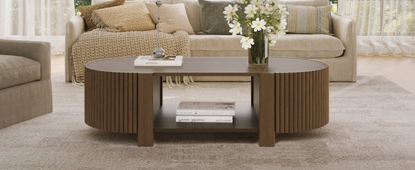 English Elm Oval Fluted Rubberwood Coffee Table with Open Storage Shelf for Living Room Walnut N735P369880D