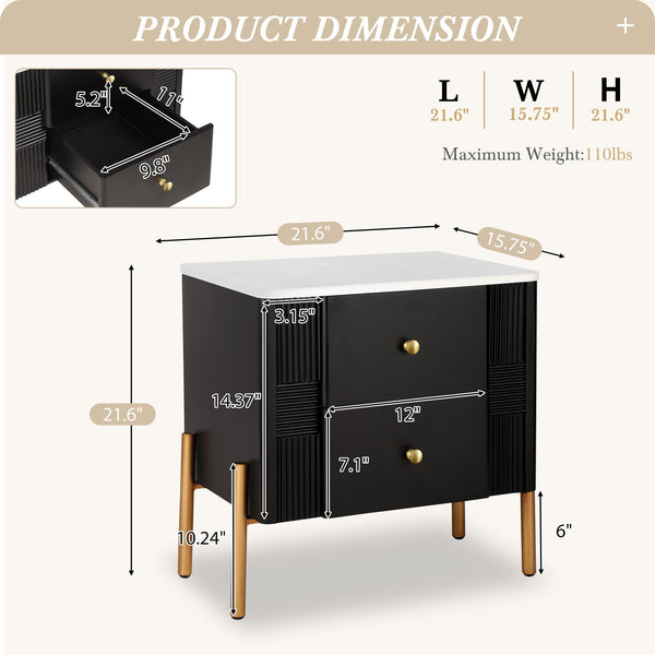 English Elm Christopher Knight Home® - Modern Fluted Nightstand with Two Drawers and Gold Legs, Sleek Textured Bedside Table for Stylish Storage and Easy Cleaning Black 23 L x 18 W x 18 H N761P285710B
