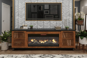 English Elm 86 Inch Electric Fireplace TV Stand Console for TVs up to 95", Two-Tone Bourbon & Black, Storage & Remote Controlled Heat B108P160228