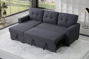 English Elm Tufted Linen Sectional Sleeper Sofa with Storage Ottoman and Reversible Chaise Dark Gray B2730S00050