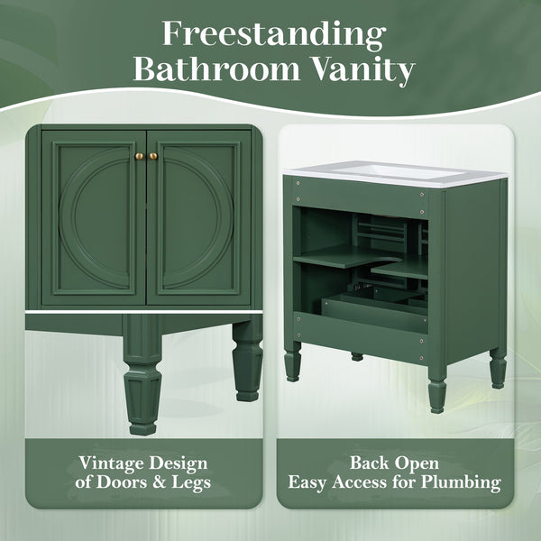 English Elm Christopher Knight Home® - 30" Bathroom Vanity with Sink Vintage Freestanding Ceramic Top Soft-Close Doors Gold Knobs, Storage Green N759P226000F