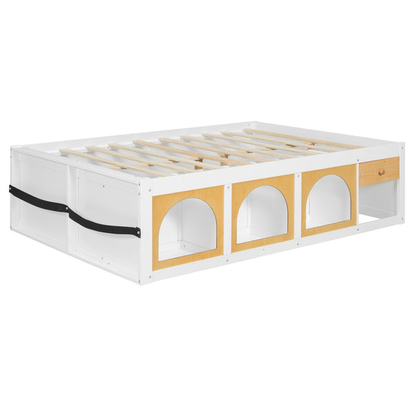 English Elm Full Size Kids Platform Bed with Led Lighting Bookshelf Display Cabinet and Storage Drawer White+Natural N820S00077K