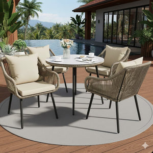English Elm 5-piece Outdoor Wicker Patio Dining Set with Tempered Glass Table and Umbrella Hole Beige+Brown B082S00074