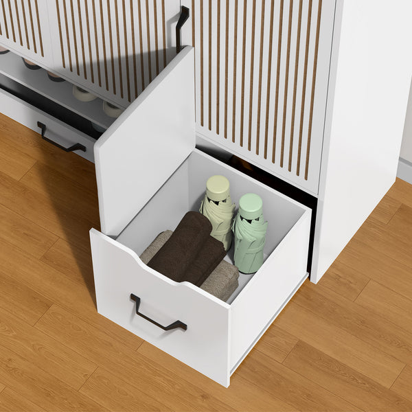 English Elm Multi-functional Shoe Cabinet with Adjustable Shelves, Stool & Retractable Toe-Kick Drawer, White Storage Organizer with Sturdy Top for Entryway and Hallway W3383P361254