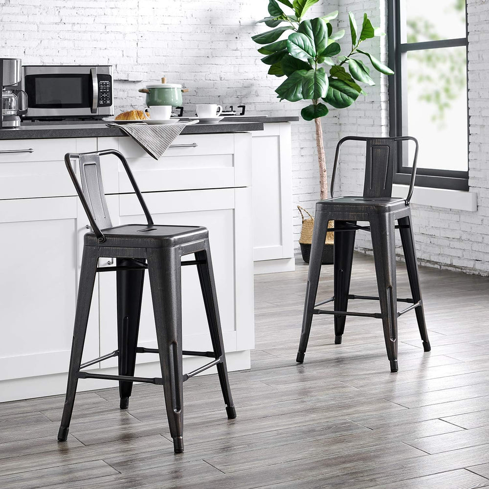 English Elm 24"Metal Industrial Barstool with Backrest, Set of 4 Matte Black Counter Stools, Lightweight Durable Design B347P337827