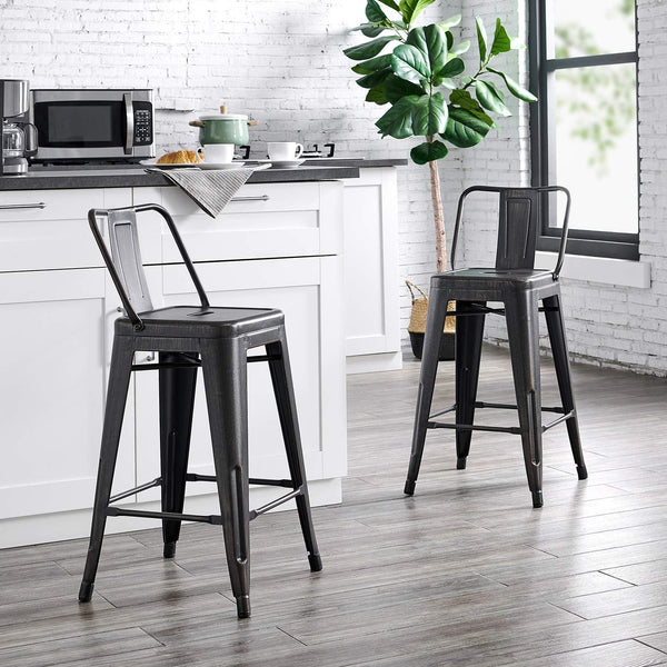 English Elm 24"Metal Industrial Barstool with Backrest, Set of 4 Matte Black Counter Stools, Lightweight Durable Design B347P337827