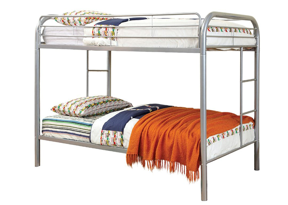 English Elm Twin Industrial Metal Bunk Bed with Wood Panels and Built-In Ladder, Guarded Top, Versatile Layouts Silver 86 L x 21 W x 7 H B2741P353755