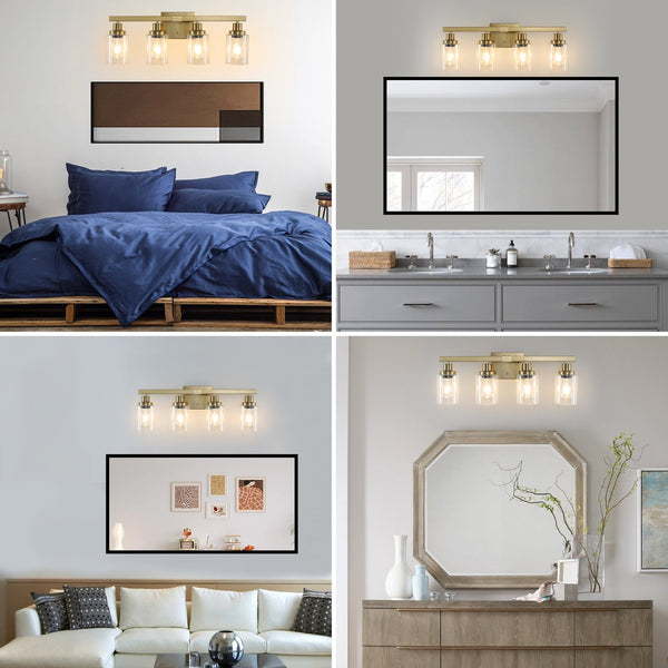 English Elm 24" Golden 4-Light Vanity Light with Clear Glass Shades, Modern Iron Bathroom Wall Fixture for Mirror W2312P374800