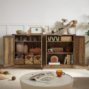 English Elm 65-Inch Slate Gray 3D Faux Rattan Sideboard with Barn-Style Doors, Magnetic Closure & Adjustable Shelves Oak W2702P184359