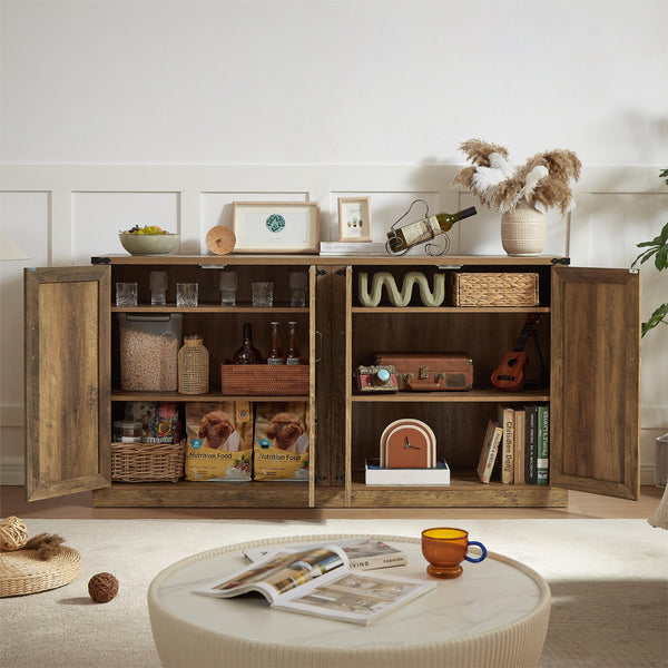 English Elm 65-Inch Slate Gray 3D Faux Rattan Sideboard with Barn-Style Doors, Magnetic Closure & Adjustable Shelves Oak W2702P184359