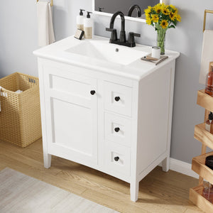 English Elm 30 Inch Bathroom Vanity with Ceramic Sink and 3 Smooth-Glide Drawers, Modern Moisture-Resistant Storage White N710P252105K