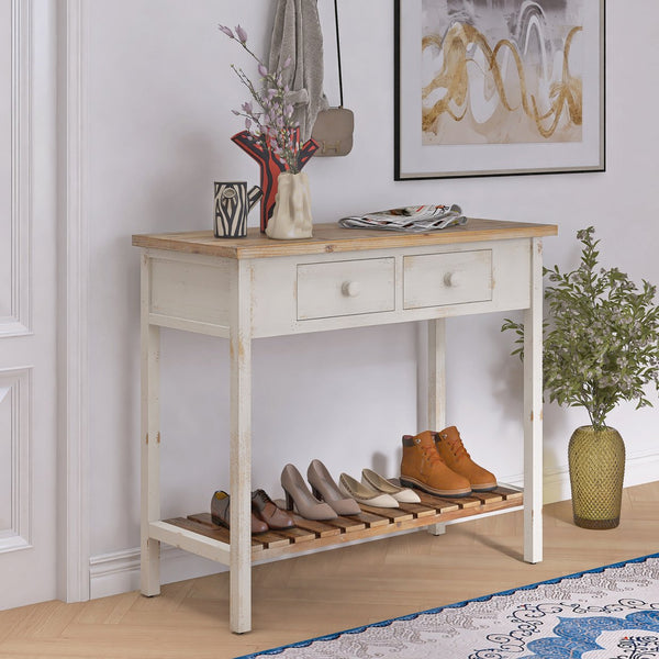 English Elm Vintage Two-Drawer Console Table Antique Natural Distressed Finish with Shelf, Sturdy Entryway Storage W2295P366795