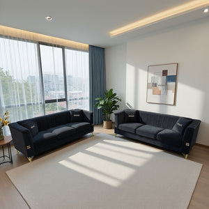 English Elm FX-P82-2PC Velvet Sofa Set of 2 — Plush Tufted 3-Seater Couches with Gold Metal Legs for Stylish Homes Black W576S00241