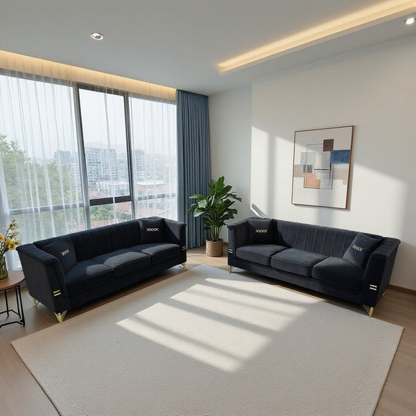 English Elm FX-P82-2PC Velvet Sofa Set of 2 — Plush Tufted 3-Seater Couches with Gold Metal Legs for Stylish Homes Black W576S00241