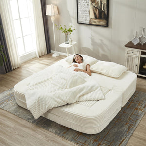 English Elm Multi Purpose Corduroy Sectional with Chaise Converts to King Floor Bed Deep Seat Beige W3219S00005
