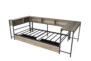 English Elm Corner Twin Bed Frame with Bookcase, LED Light & USB Charging, Reversible Daybed w/Storage Drawers W1670P255558