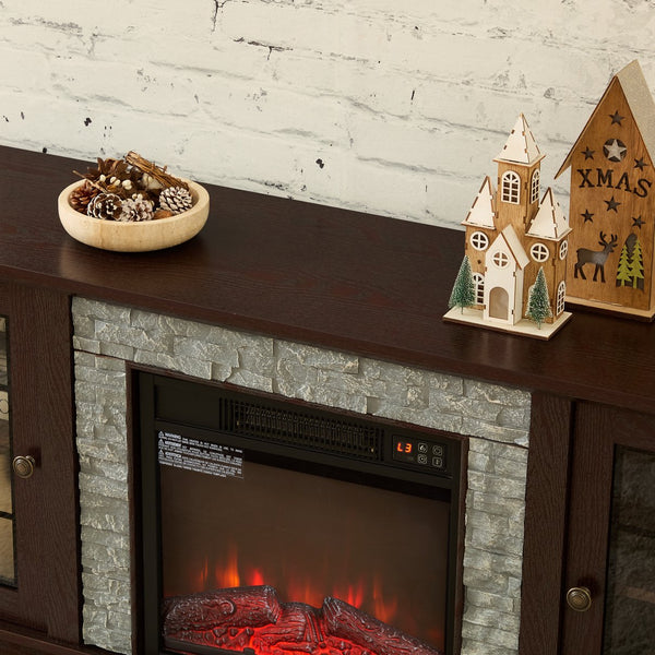 English Elm 58" Modern TV Stand with 18" Electric Fireplace, Faux Stone Mantel, Ample Storage & Cable Management for Living Room Comfort and Style Cherry W2275S00026