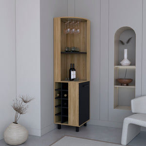 English Elm Kaia 70" Tall Corner Bar Cabinet with 10 Wine Cubbies, Stemware Rack & 4 Shelves in Black Pine B070S00254