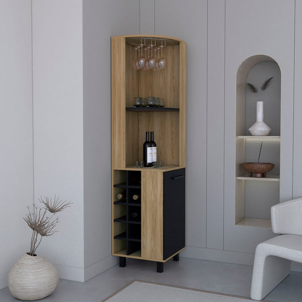 English Elm Kaia 70" Tall Corner Bar Cabinet with 10 Wine Cubbies, Stemware Rack & 4 Shelves in Black Pine B070S00254