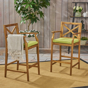 English Elm Christopher Knight Home® - PERLA Acacia Wood Outdoor Barstool Set of 2 with Water-Resistant Cushions, Cross-Back Farmhouse Charm Green 63748.00GRN