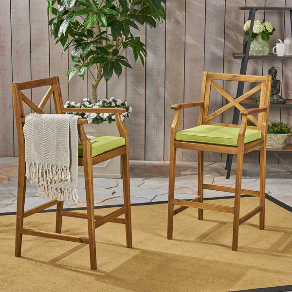 English Elm Christopher Knight Home® - PERLA Acacia Wood Outdoor Barstool Set of 2 with Water-Resistant Cushions, Cross-Back Farmhouse Charm Green 63748.00GRN