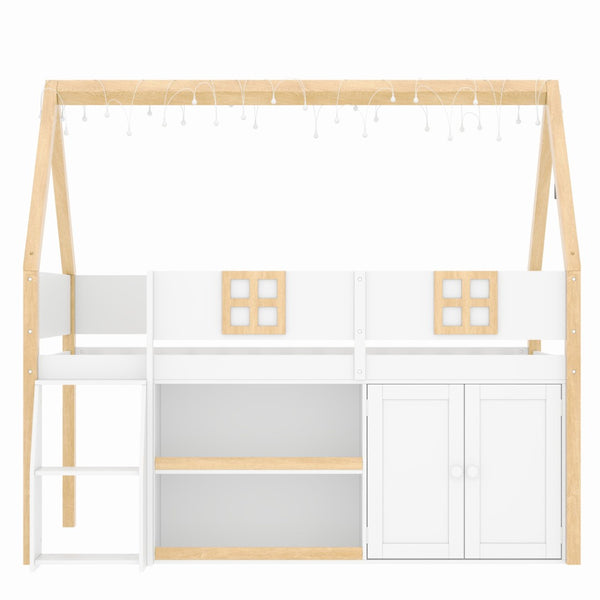 English Elm Twin-size Pine Low Loft Bed with House Canopy Step Stairs Storage Cabinet Led Lights N7090005032K