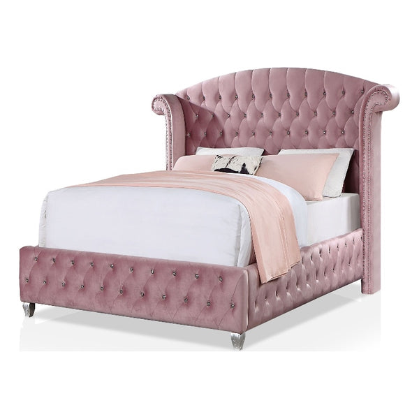 English Elm Glam Oversized Wingback Tufted Flannelette Queen Bed with Nailhead Trim, Crystal Accents, Cabriole Legs Pink 63 L x 37.5 W x 5 H B2741S00052