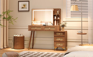 English Elm 47''Vintage Elegant Makeup Vanity with Lights and Mirror, 5-Drawer Rattan Design, Solid Wood Craftsmanship Walnut 46 L x 27 W x 8 H N733P337468M