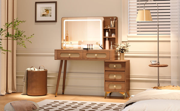 English Elm 47''Vintage Elegant Makeup Vanity with Lights and Mirror, 5-Drawer Rattan Design, Solid Wood Craftsmanship Walnut 46 L x 27 W x 8 H N733P337468M