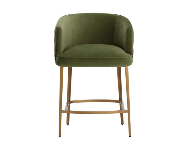 Sunpan CORNELLA Counter Stool - Elegant Meg Olive Upholstery with Diamond Stitching & Antique Brass Frame 109863