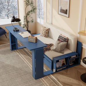 English Elm Queen Daybed with Hydraulic Desk Storage Drawers and Convertible Sofa for Small Spaces Blue LT000272AAC